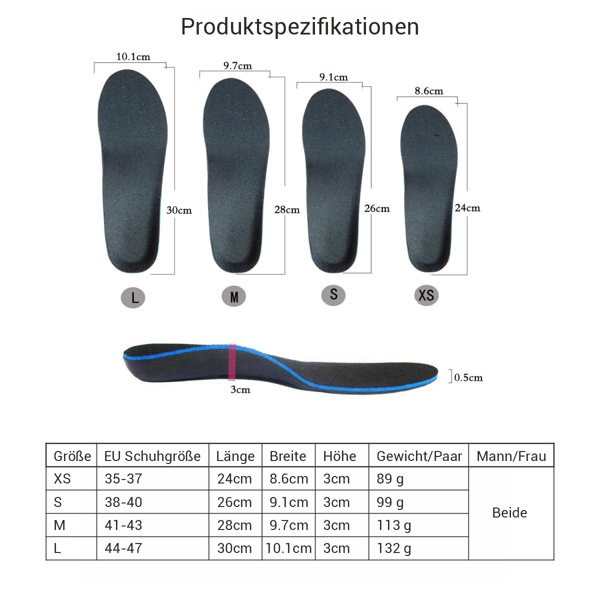 ActSol schwarze Plattfuß-Korrektur-Einlagesohlen größetabelle